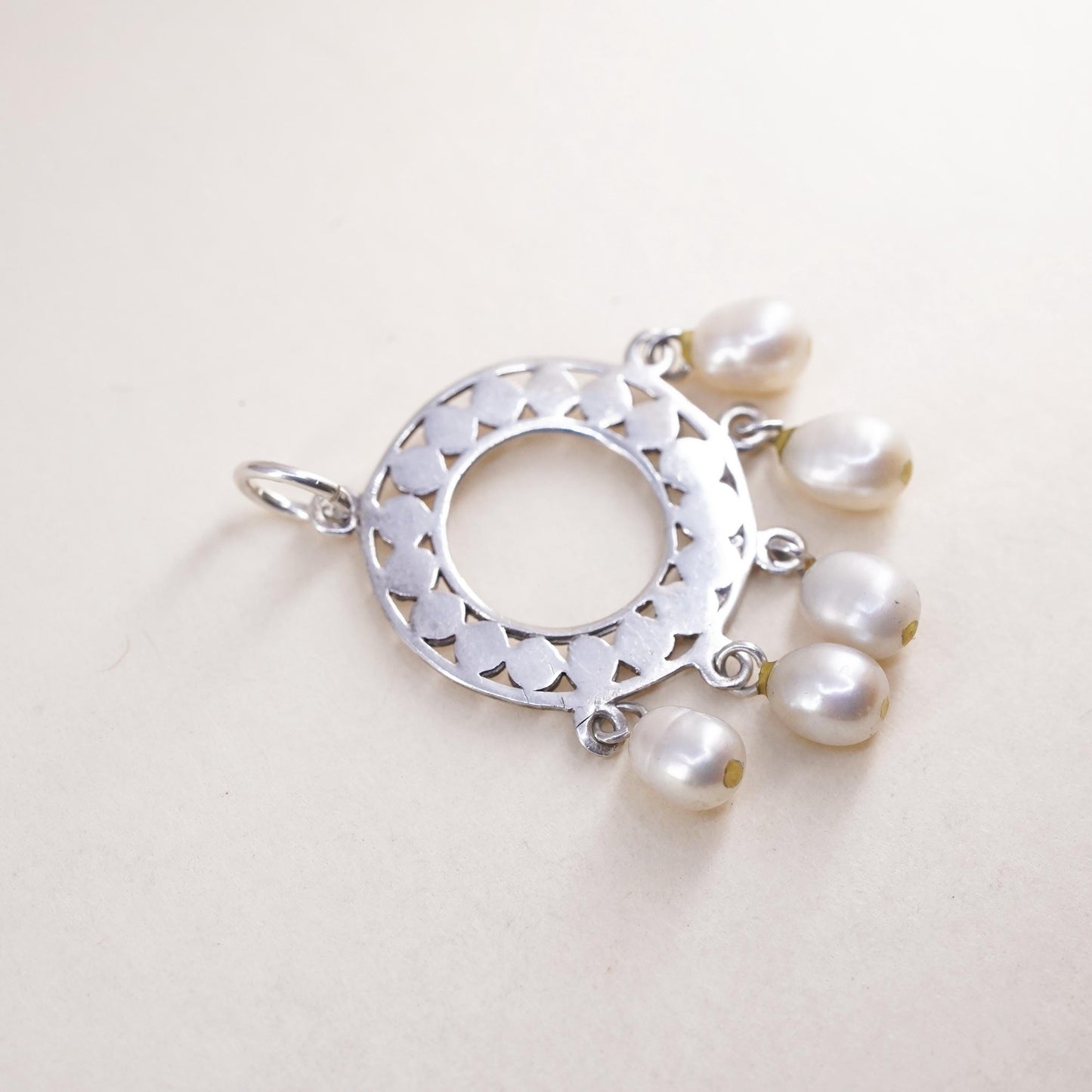Vintage Sterling silver handmade pendant, 925 beaded circle with pearl dangles