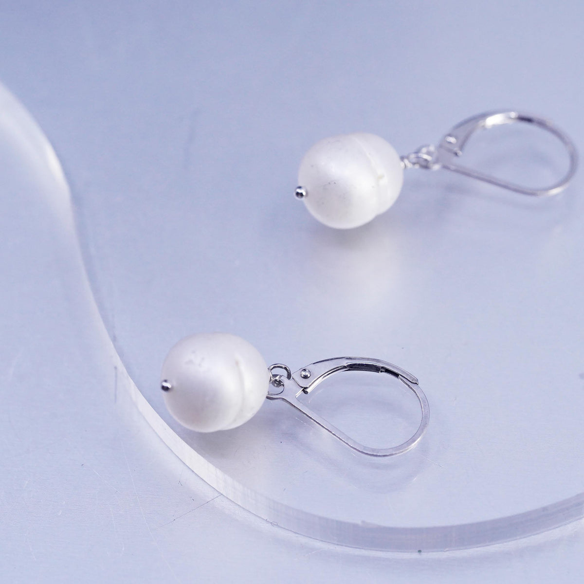 Vintage White Bead Drop Earrings Sterling Silver 925 Leverback Dangles Jewelry