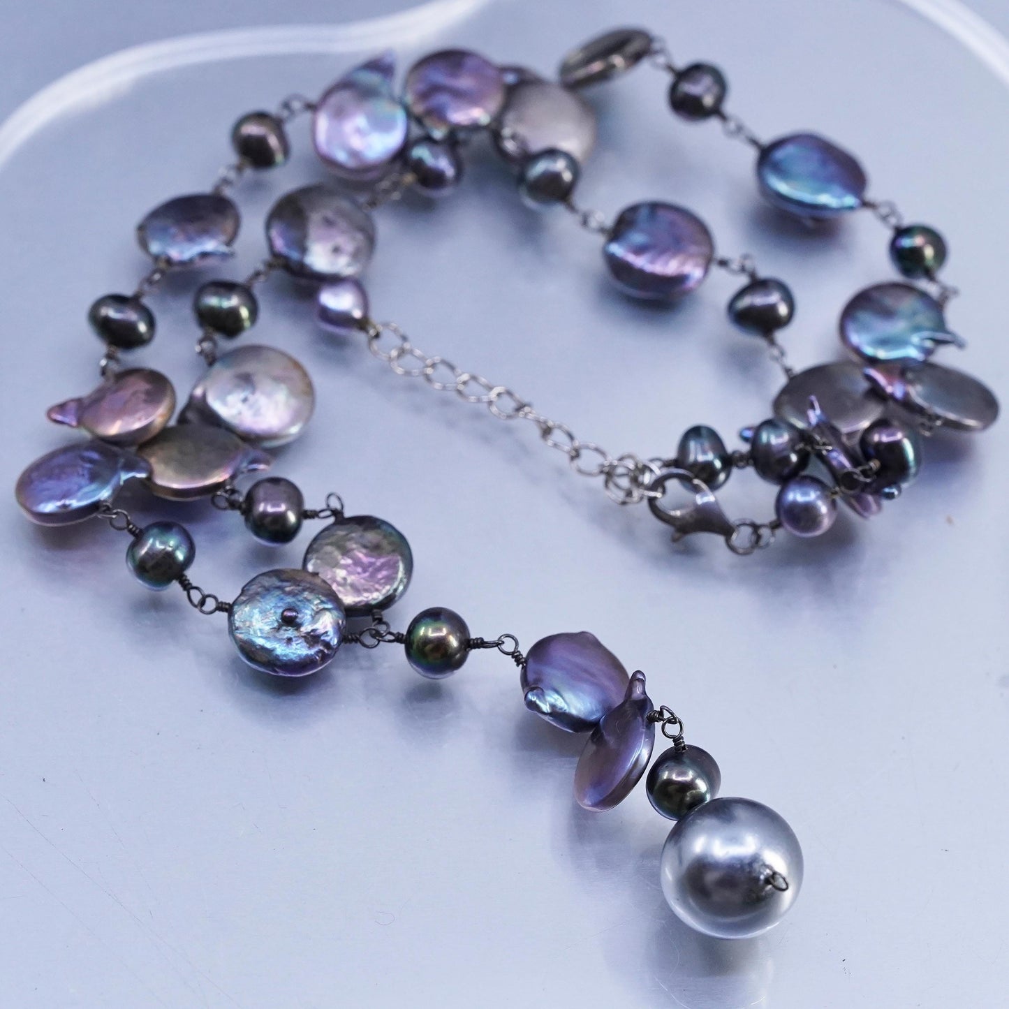 18+2" Vintage Sterling 925 silver handmade necklace black baroque pearl beads