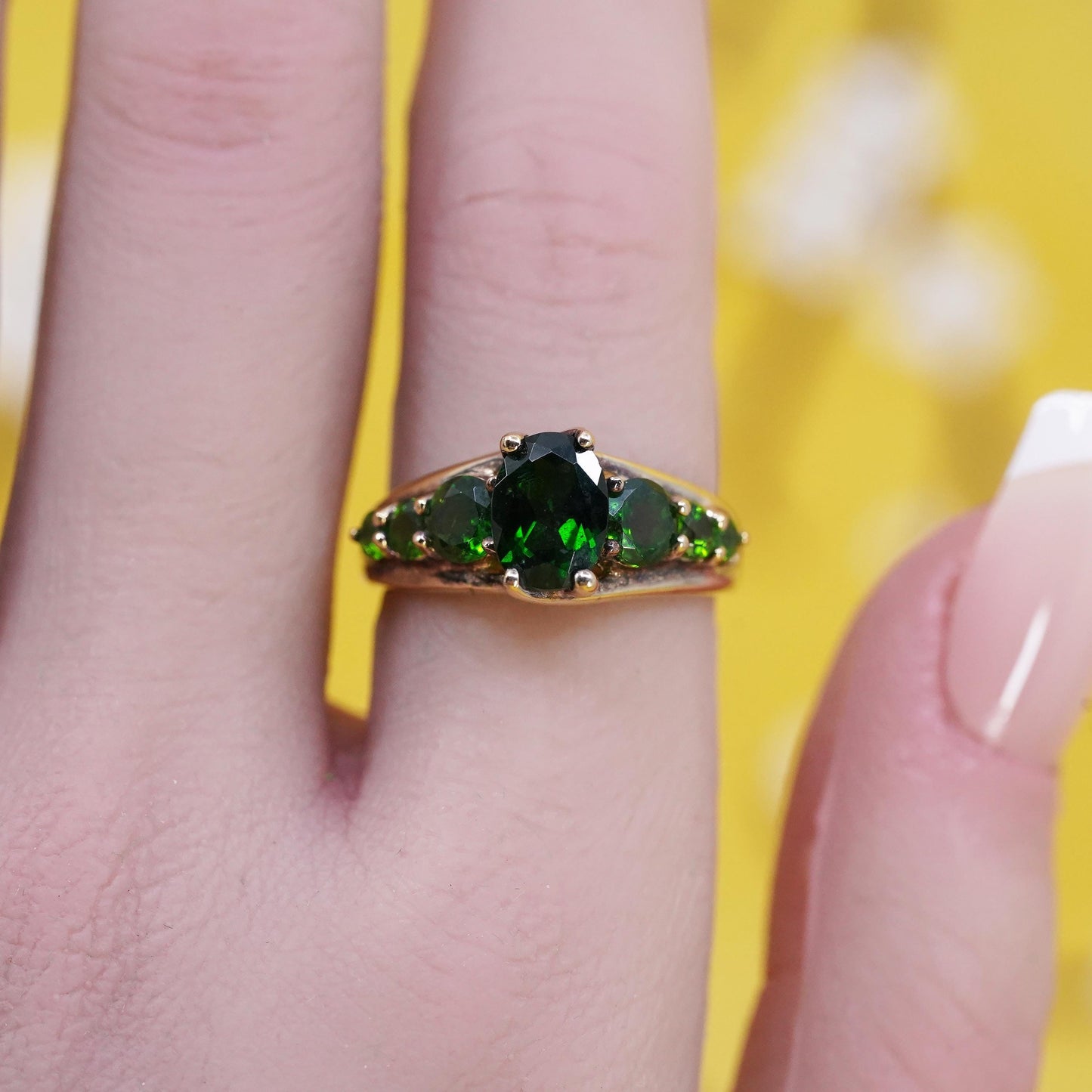 Size 7, vintage gold filled Sterling silver 925 statement ring cluster emerald