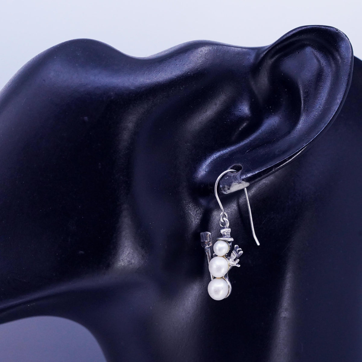 Vintage 925 Sterling Silver Snowman Earrings with Triple-Drop Pearl
