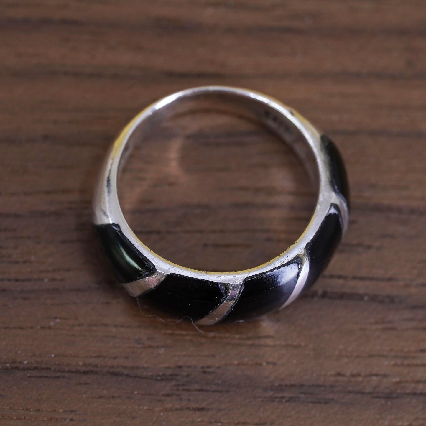 Size 5, vintage Sterling 926 silver handmade ring band with obsidian
