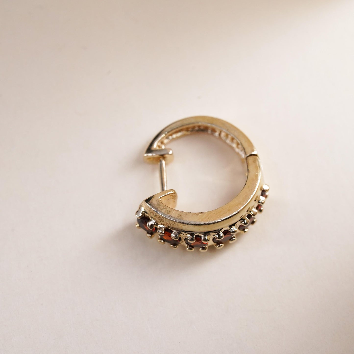0.5”, Vintage vermeil gold sterling silver single earring, 925 huggie hoop ruby
