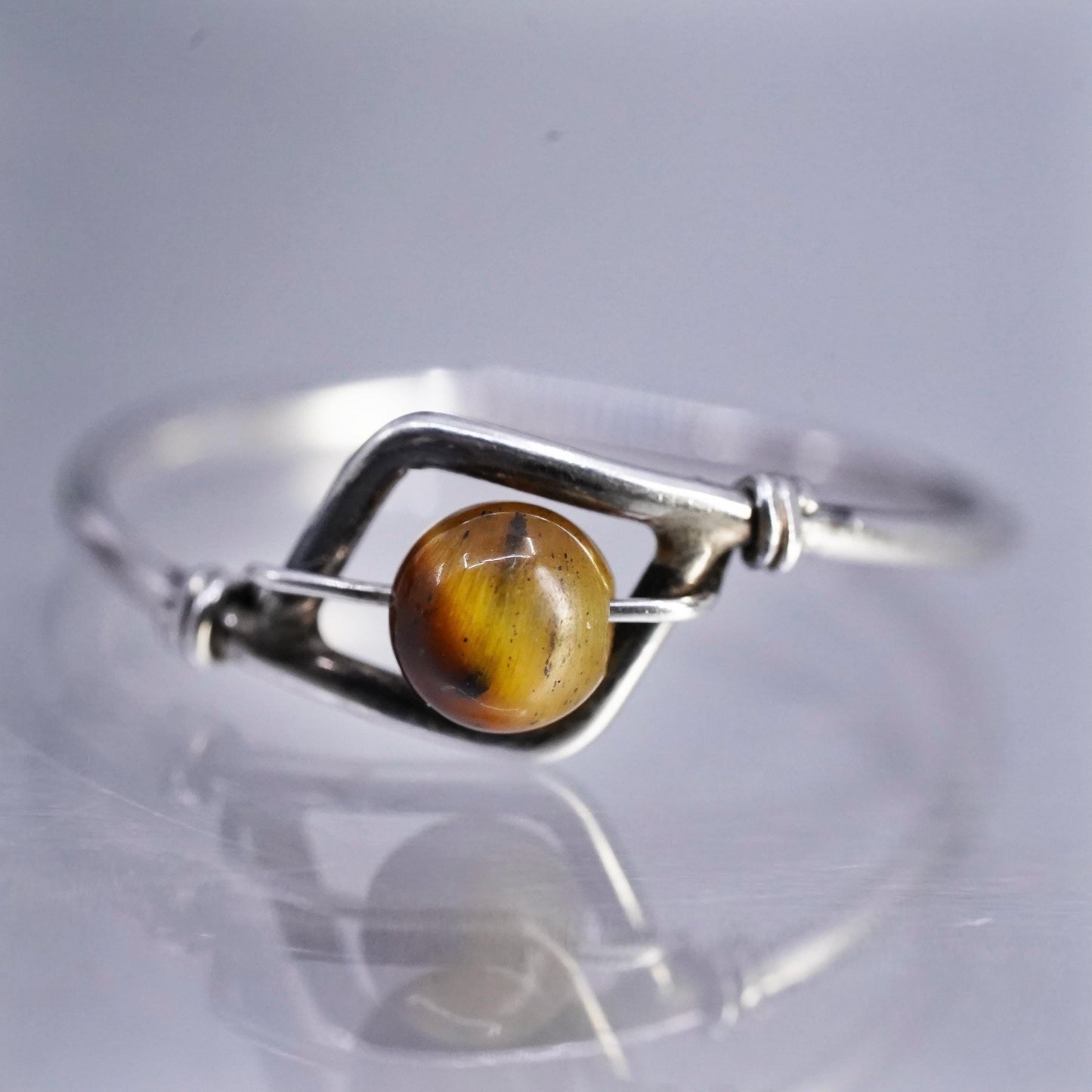 Size 4.5, vintage Sterling 925 silver handmade ring, wired band with Tiger eye
