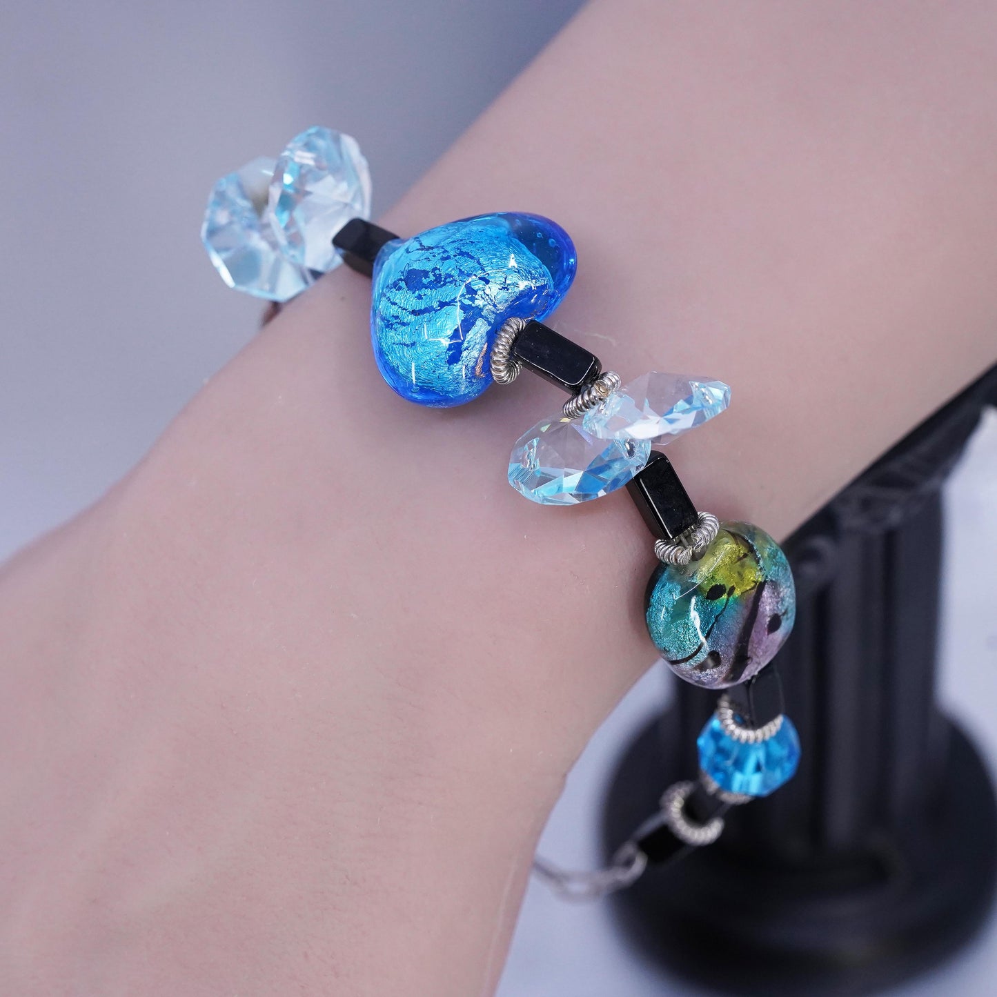 7.5+1", Sterling 925 silver Bracelet with Blue Foiled Glass heart onyx cubes