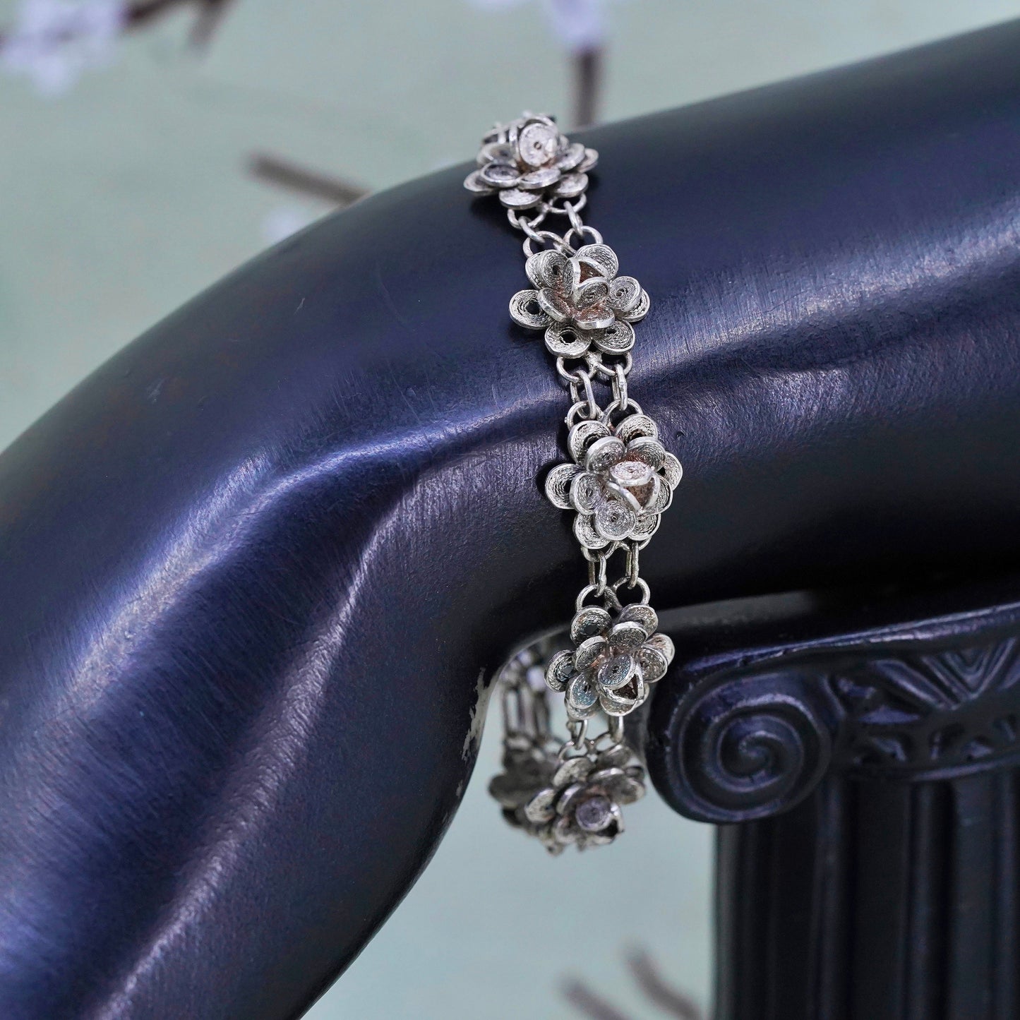 5.75", vintage sterling silver handmade bracelet, 800 filigree flower chain