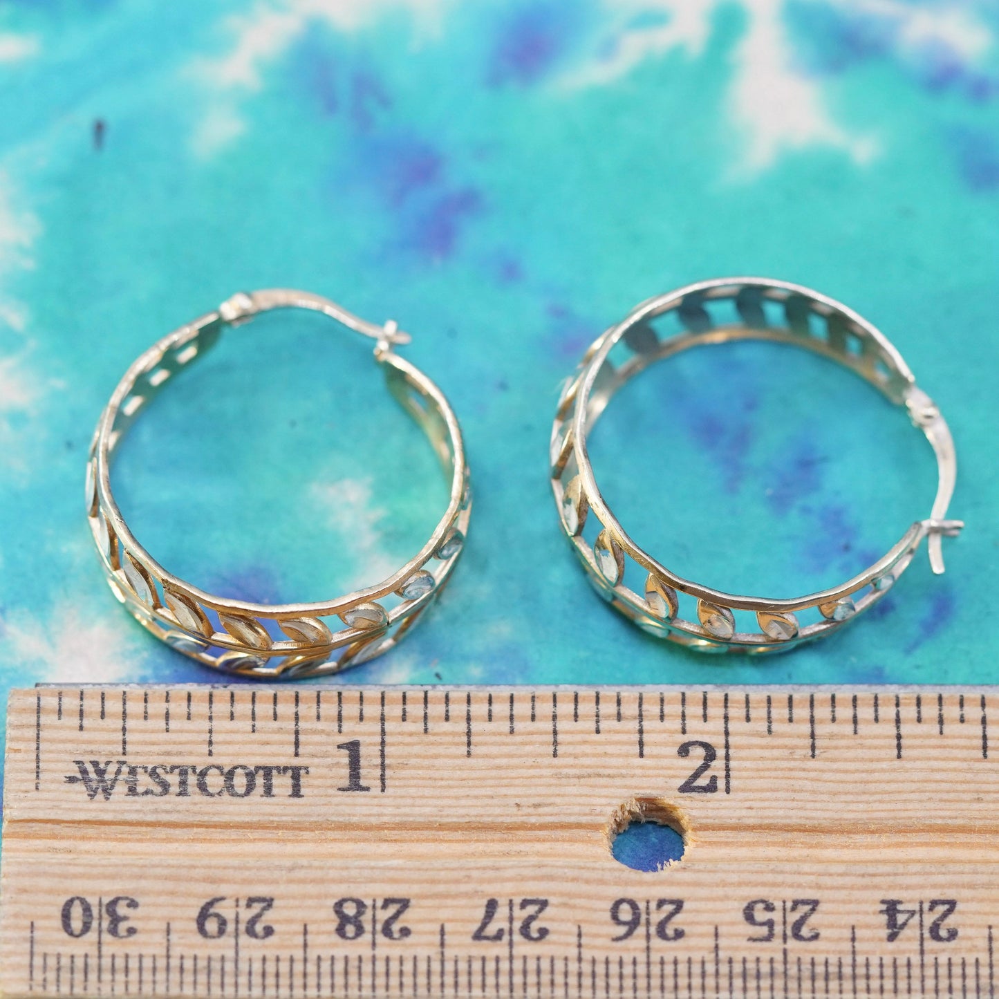 1”, vintage vermeil gold over Sterling silver earrings, 925 leafy hoops