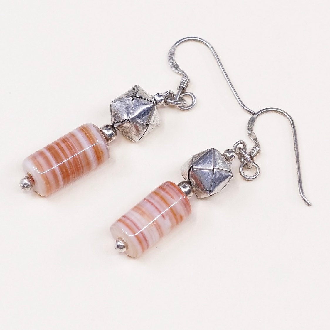 Sterling silver handmade earrings, solid 925 origami beads w/ orange lace agate