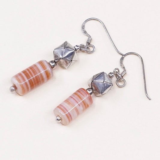 Sterling silver handmade earrings, solid 925 origami beads w/ orange lace agate