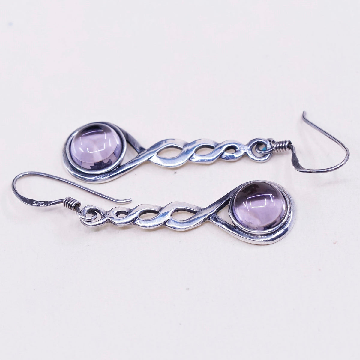 Vintage sterling silver handmade earrings, 925 twisted drops with amethyst
