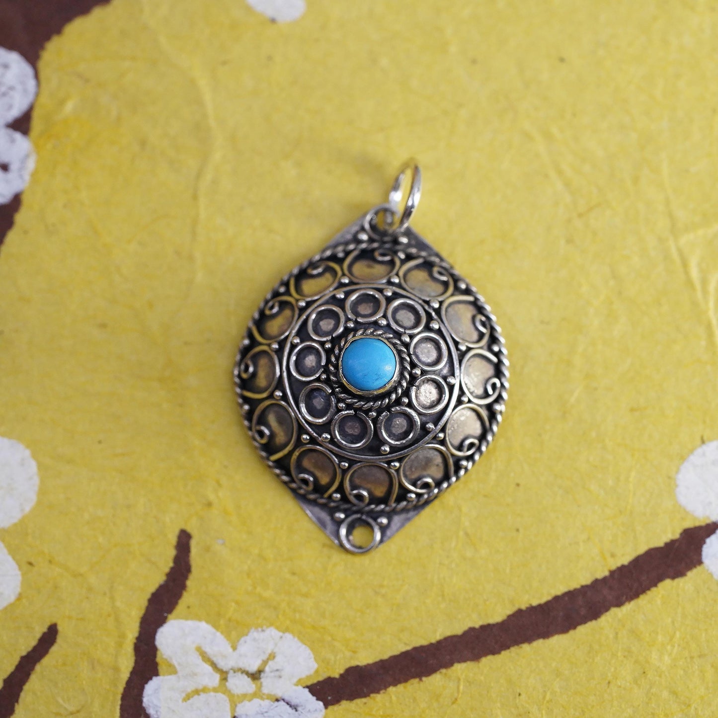 Mexican Sterling Silver Turquoise Pendant, 925 Boho Charm, Oxidized Filigree