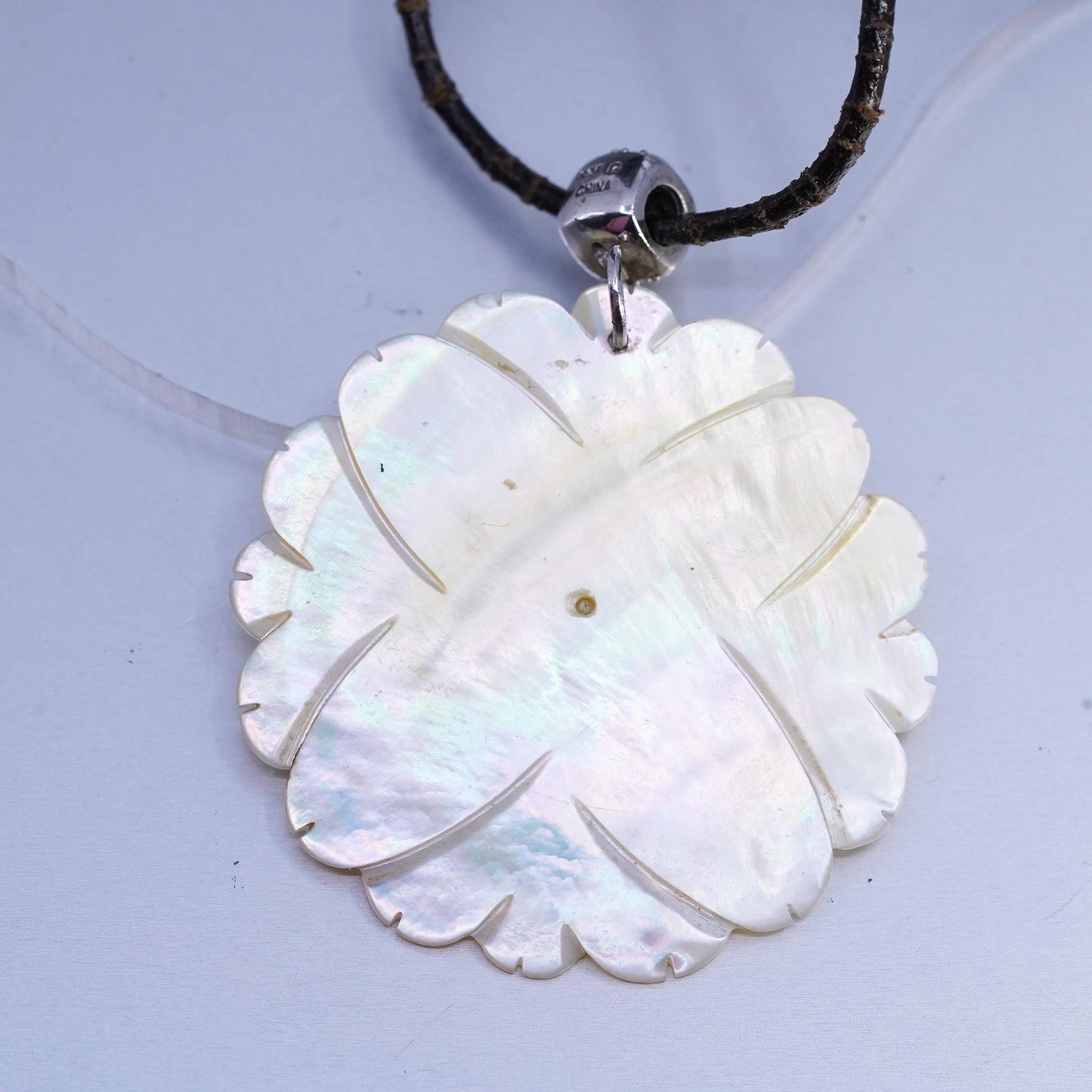 16+2", 925 Sterling Silver Leather Necklace carved mother of pearl flower cz