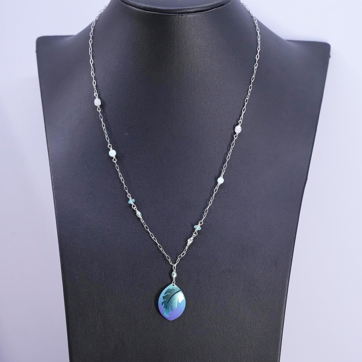 18", Holly Yashi Sterling silver necklace, 925 elongated leaf pendant crystal
