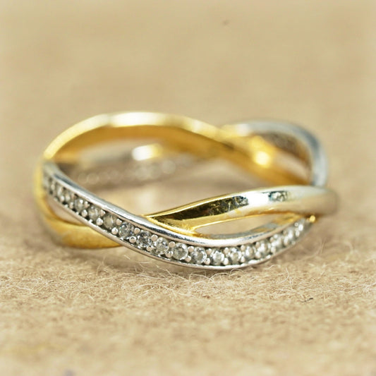 Size 7, vintage two tone Sterling 925 silver entwined ring cluster cz, band