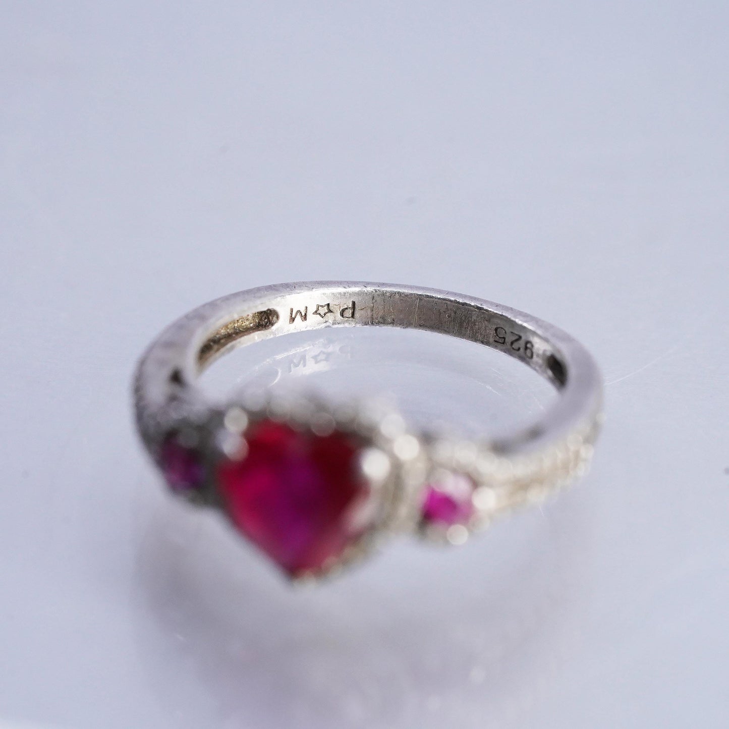 Size 7, PM 925 Sterling Silver Ruby Diamond Heart Ring, July Promise Heart Halo