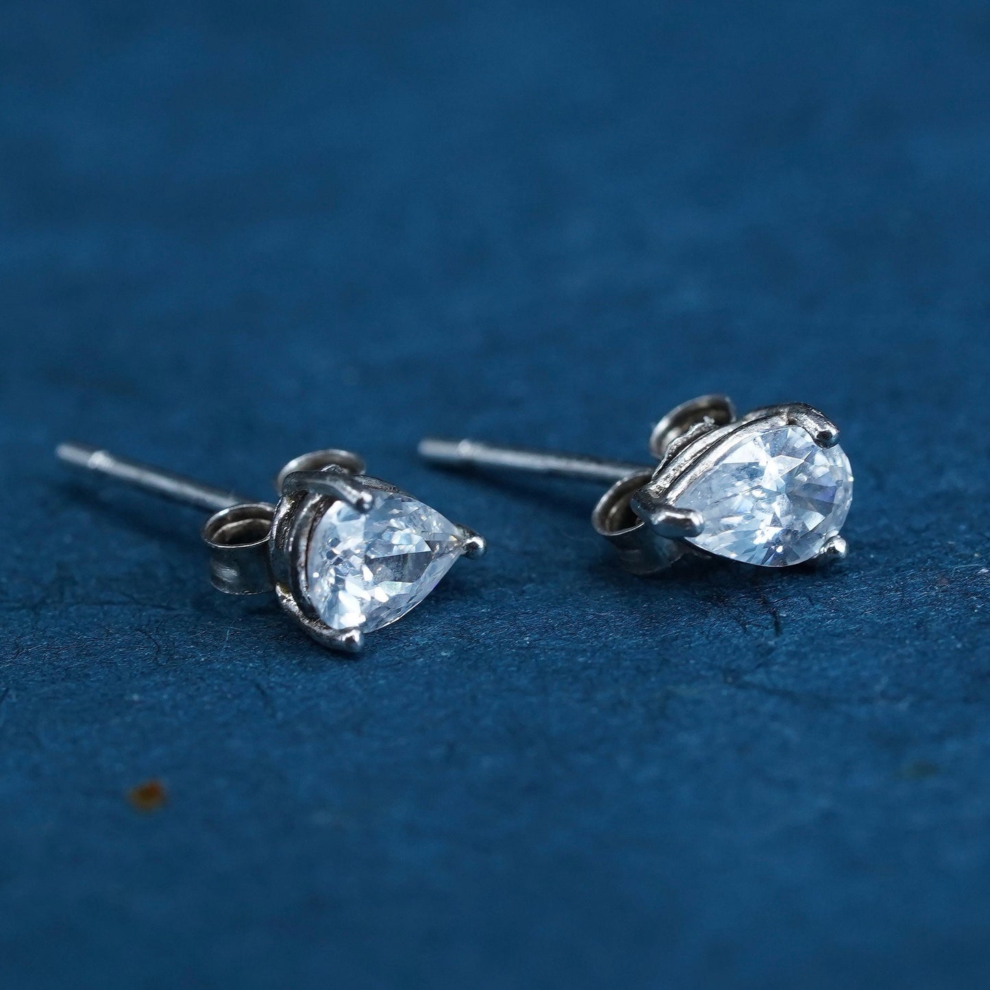 Vintage sterling silver handmade earrings, 925 teardrop studs with CZ