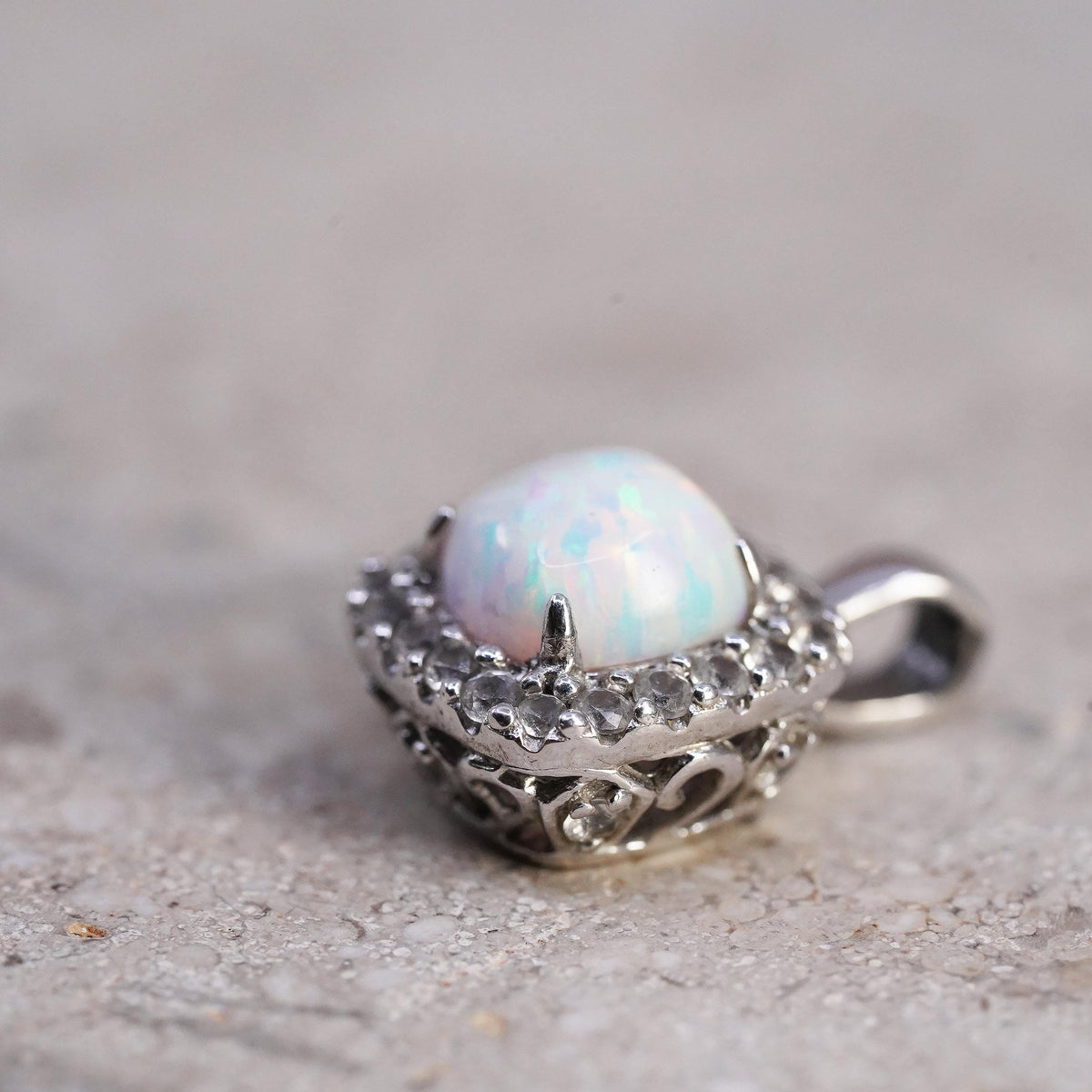 Vintage Sterling 925 silver square opal pendant with genuine diamond holo