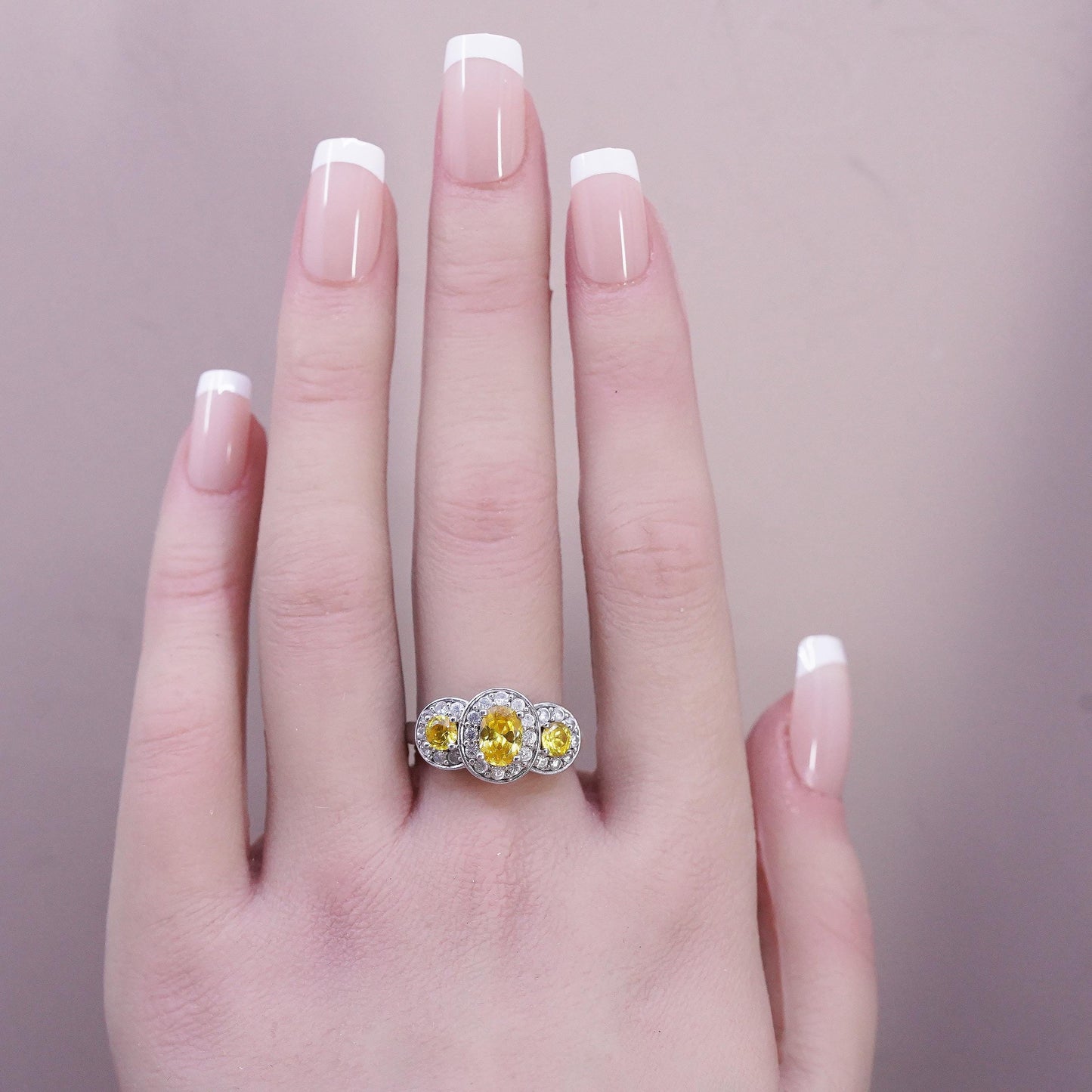 Size 8, VTG Sterling Silver 925 Yellow Citrine Ring, Three Stone Oval Halo Ring