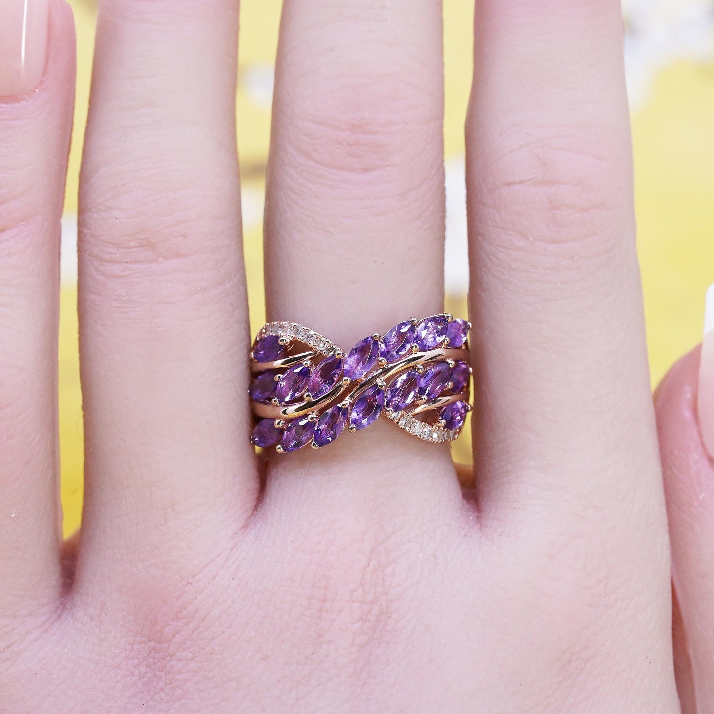 Size 7.25, PM vermeil rose gold over Sterling 925 silver ring amethyst diamonds