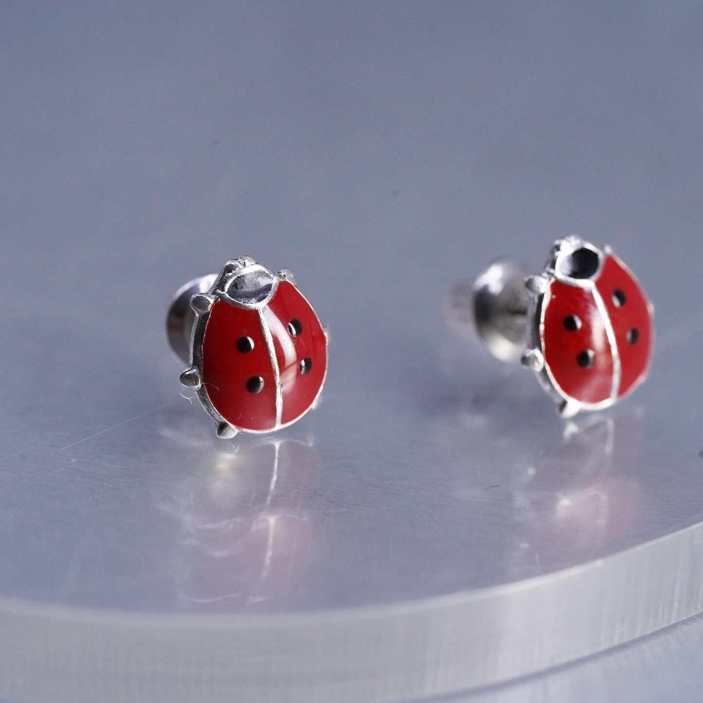 Vintage Sterling 925 silver enamel ladybug earrings, studs
