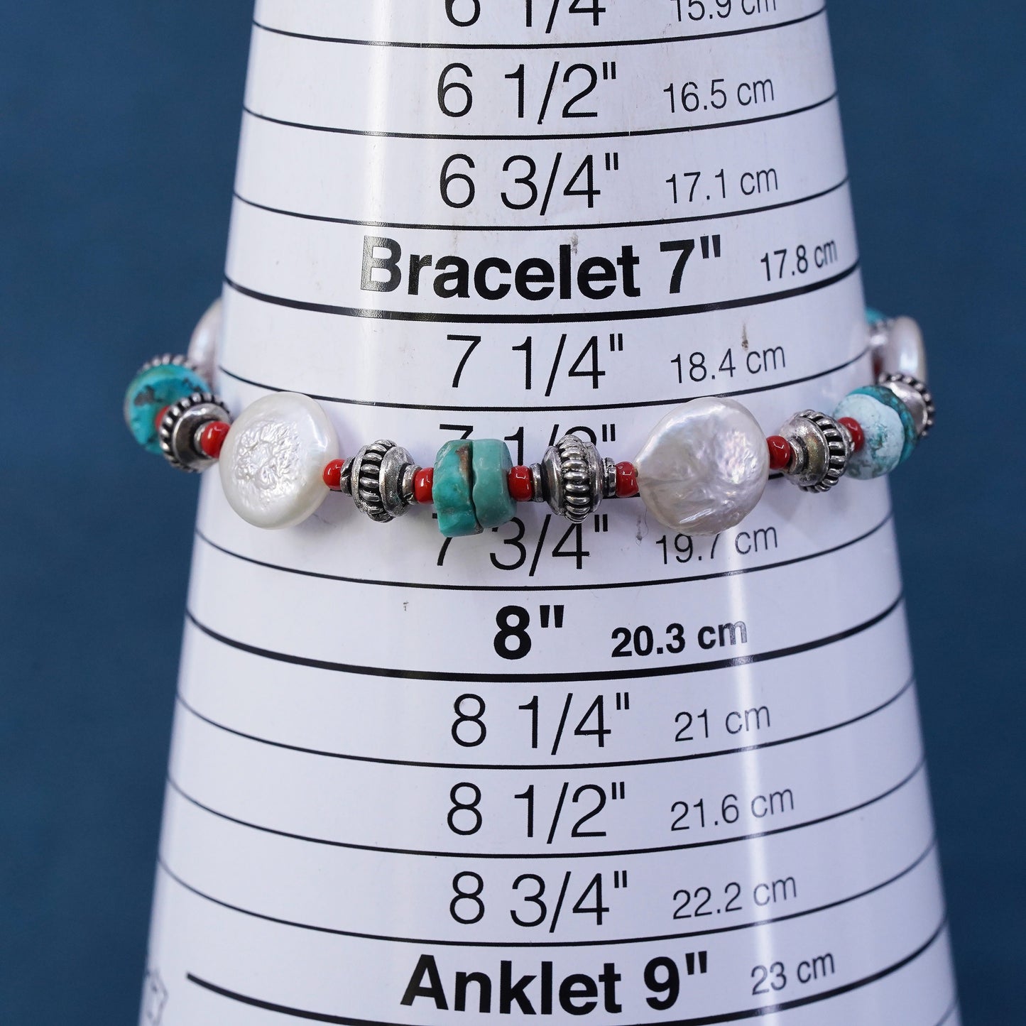 7.5”, sterling silver bracelet, Native American navajo turquoise and coin pearl