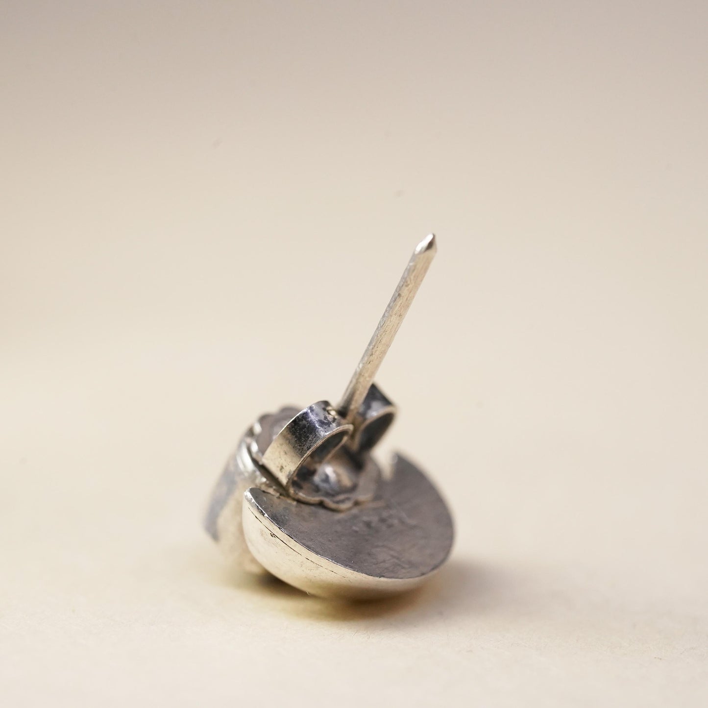 Vintage handmade single earring. Sterling 925 silver stud with garnet