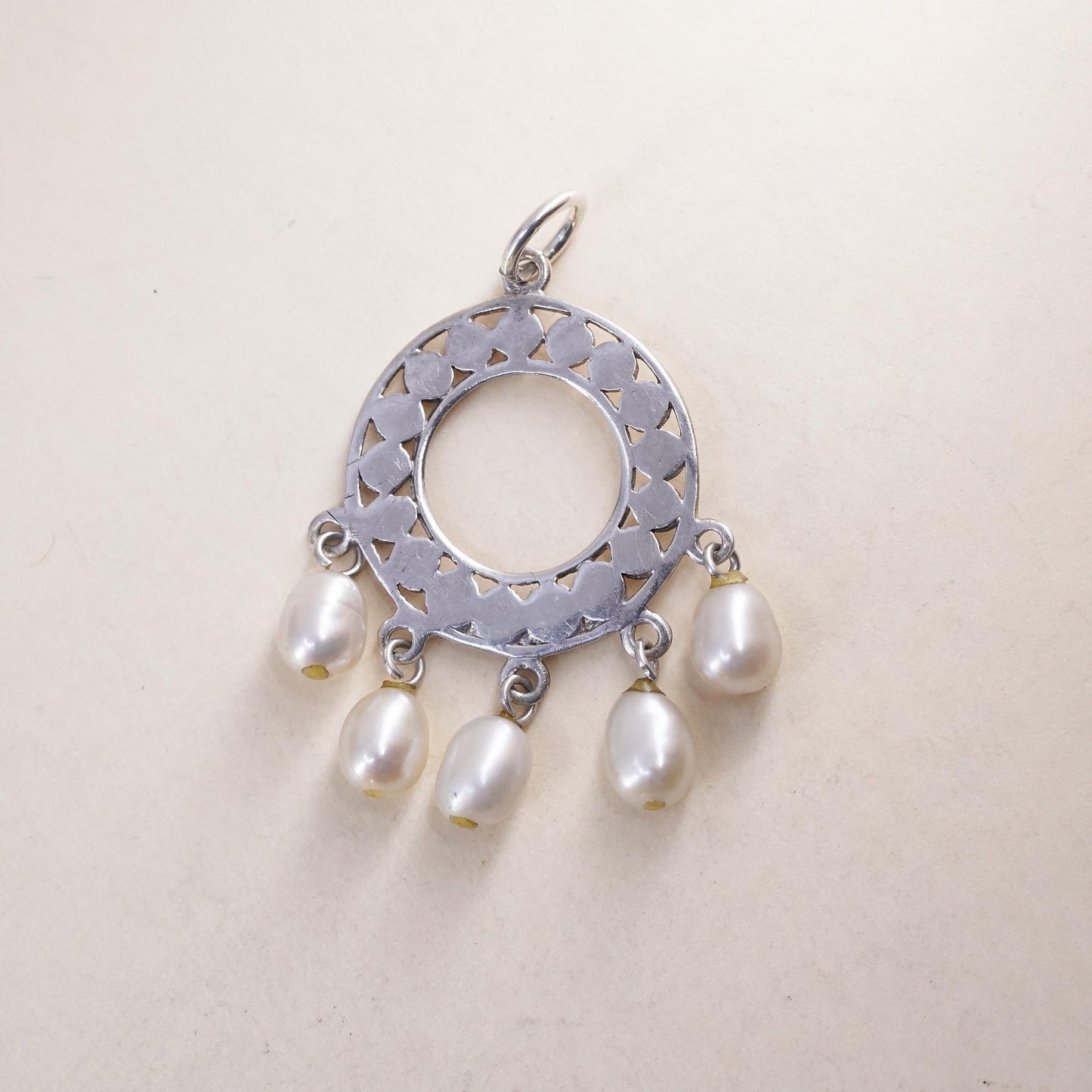 Vintage Sterling silver handmade pendant, 925 beaded circle with pearl dangles