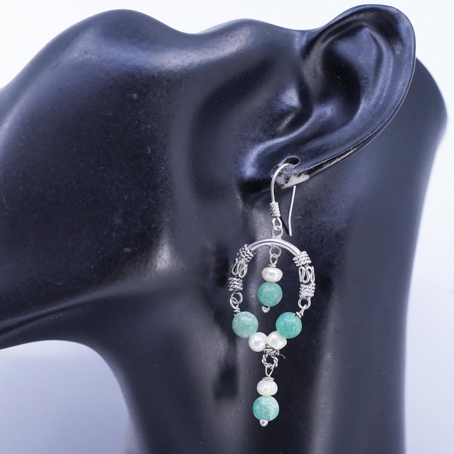 Vintage Sterling 925 silver handmade wired circle earrings jade pearl beads
