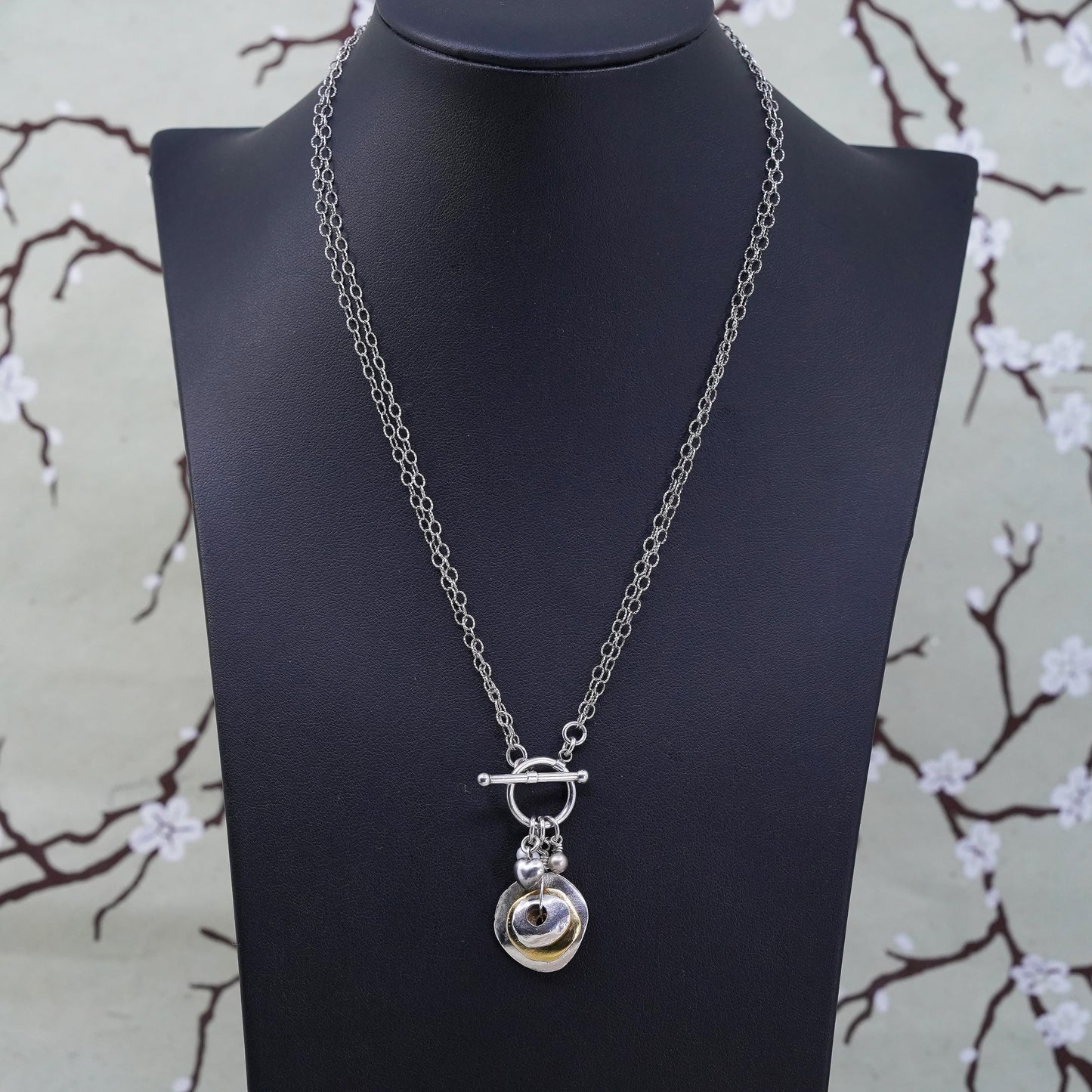 16", southwestern sterling silver double circle chain two tone discs pendant