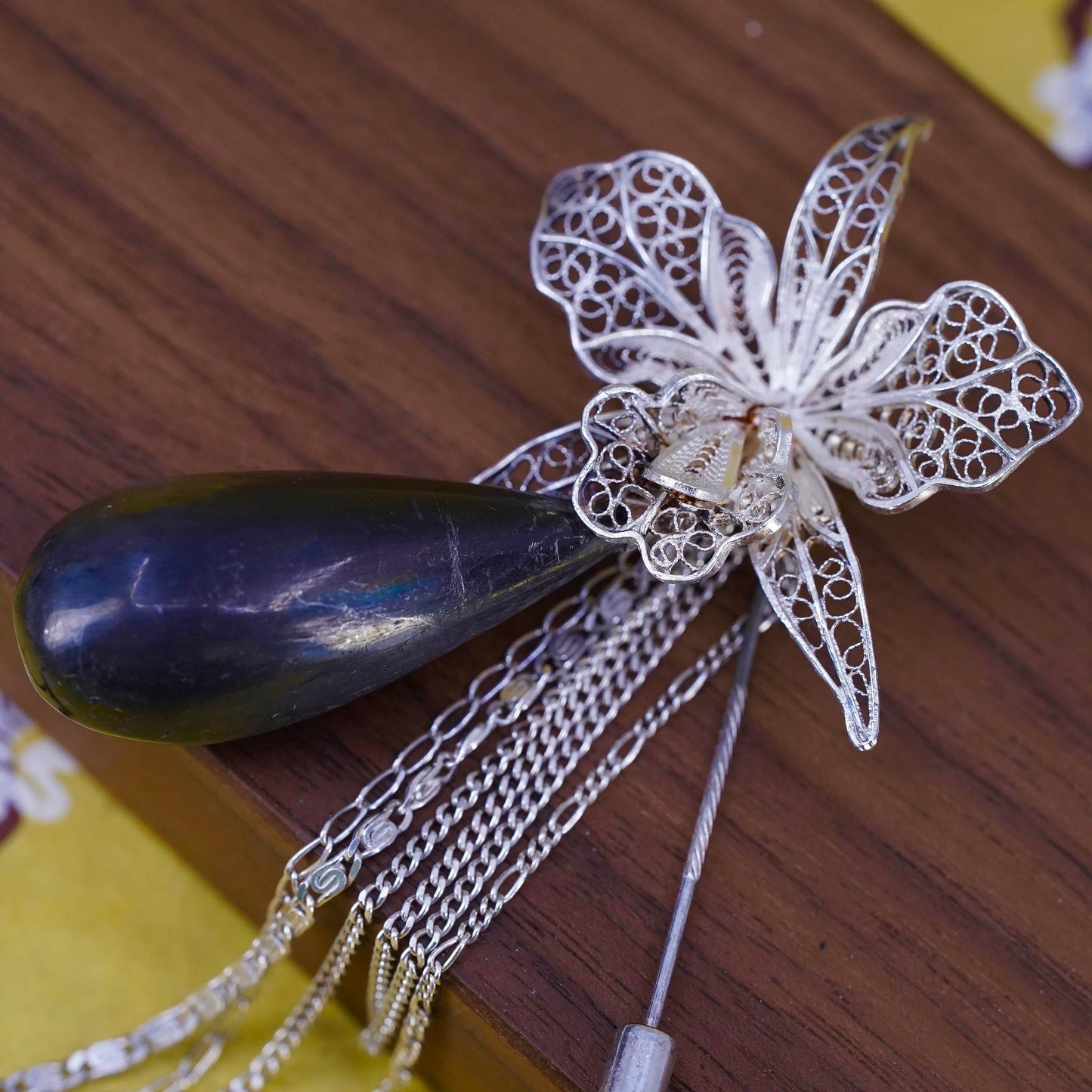 VTG sterling 925 silver filigree lily flower pin brooch teardrop gray tiger eye