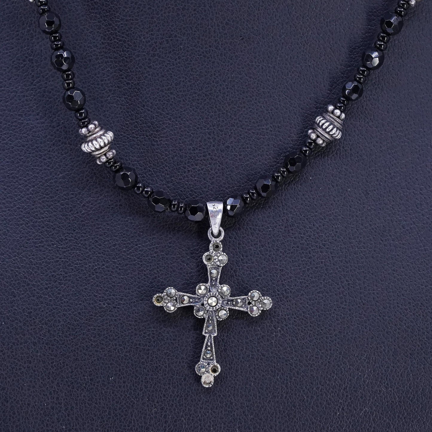 16", vintage Sterling 925 silver necklace with obsidian beads, cross pendant