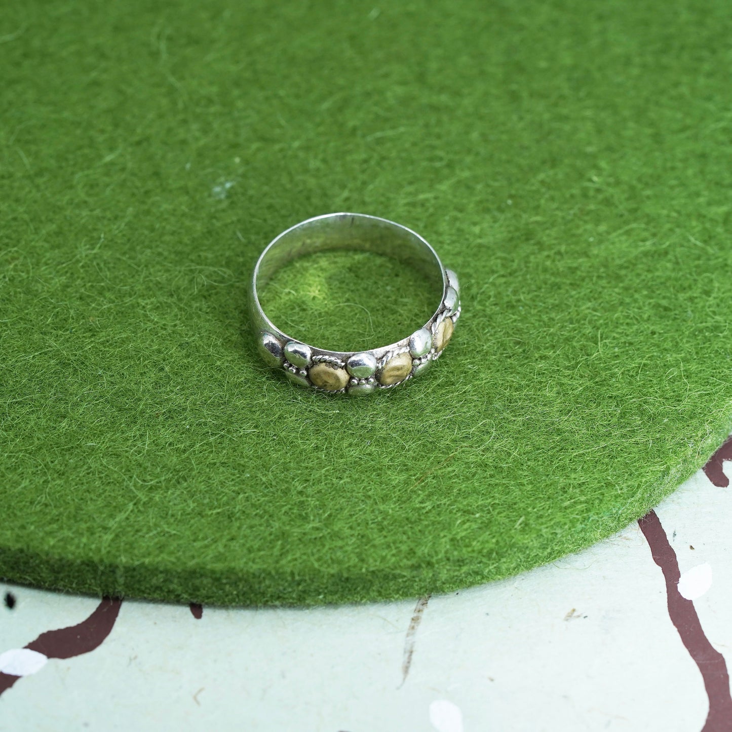 Size 6, vintage two tone Sterling 925 silver handmade ring band w/ brass beads