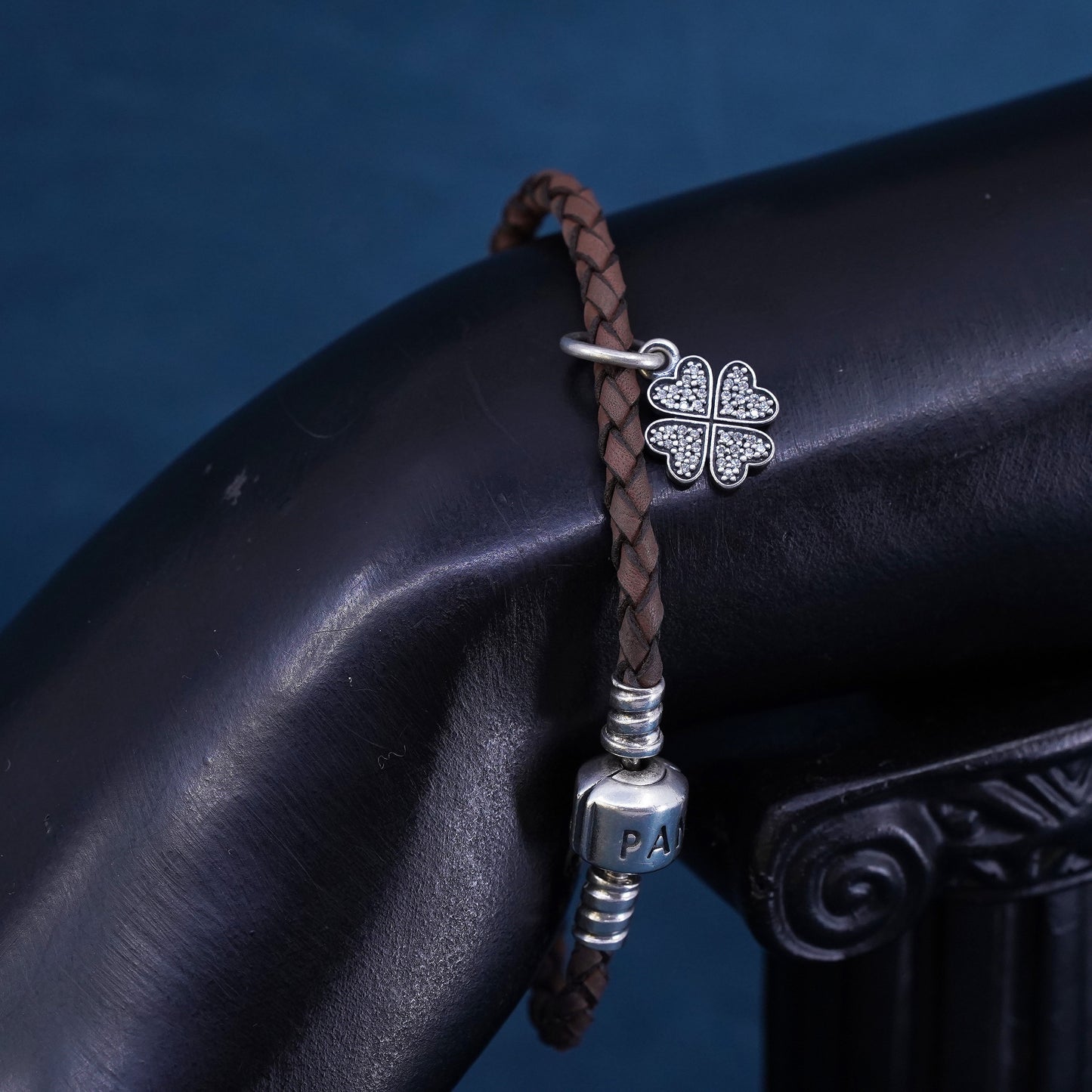 6.5", Pandora ALE sterling 925 silver woven leather chain bracelet lucky charm