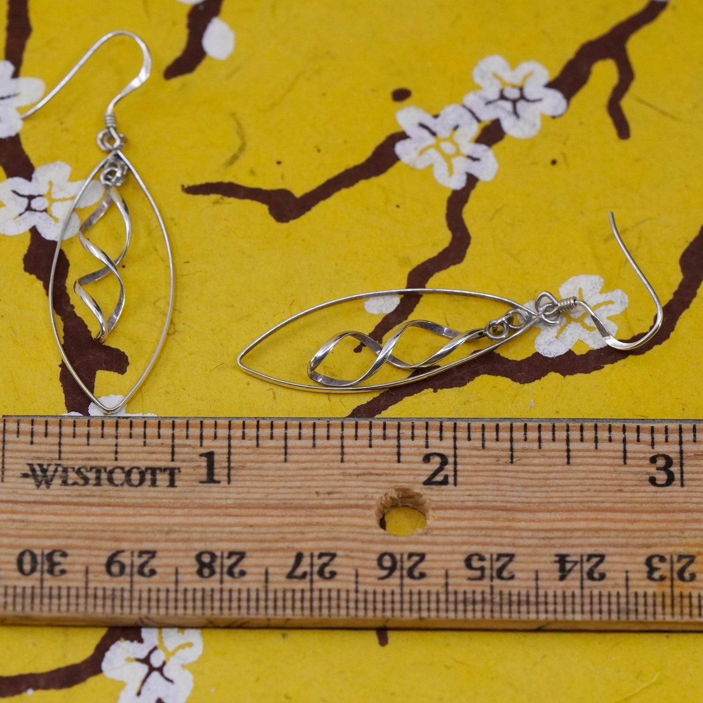 Vintage Sterling silver handmade earrings, 925 marquise dangle with spiral