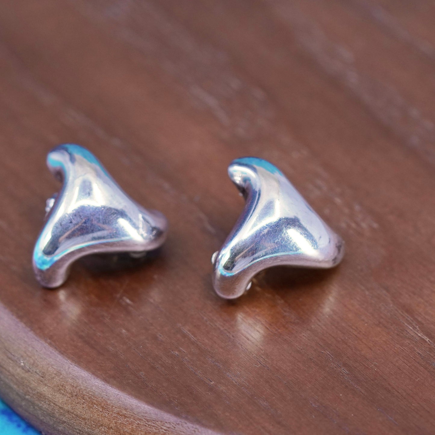 Vintage Sterling silver handmade earrings, 925 puffy triangular clip on