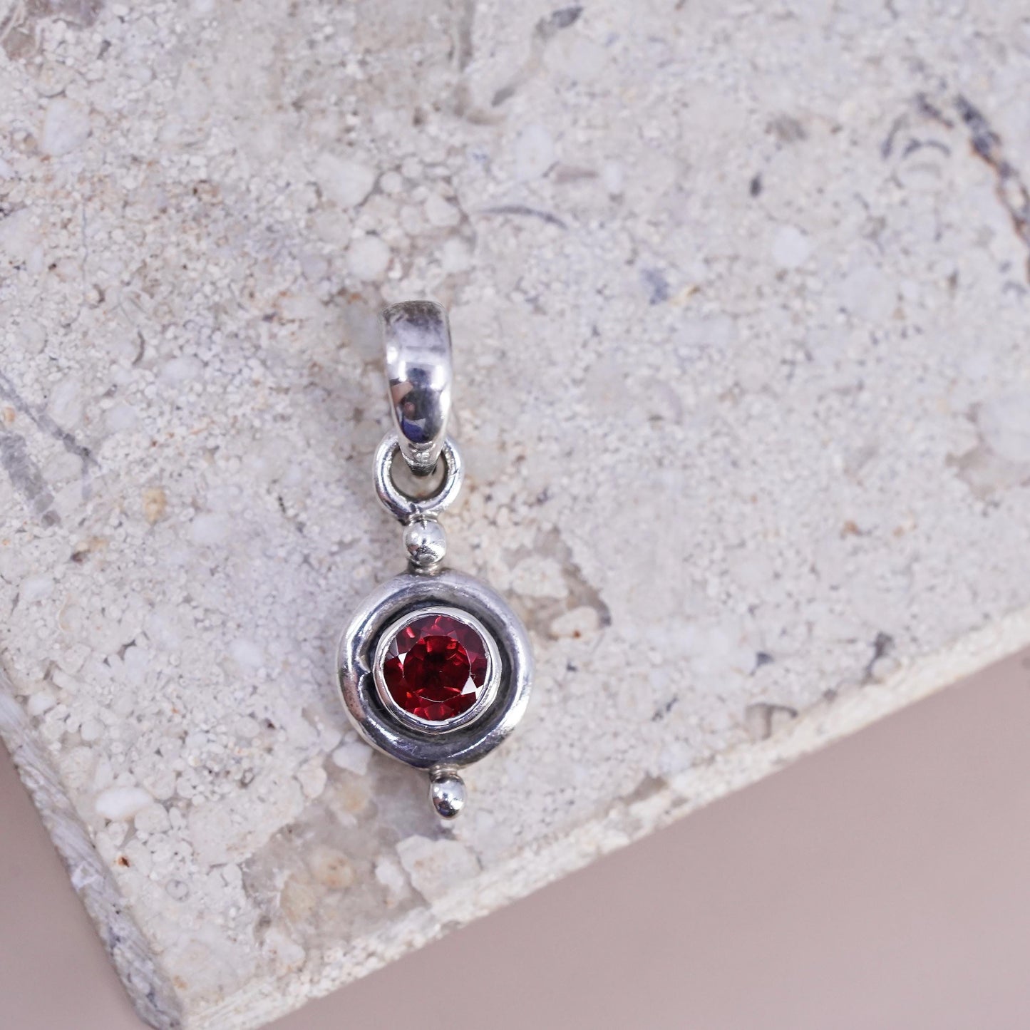 Vintage Sterling silver 925 handmade circle pendant with ruby