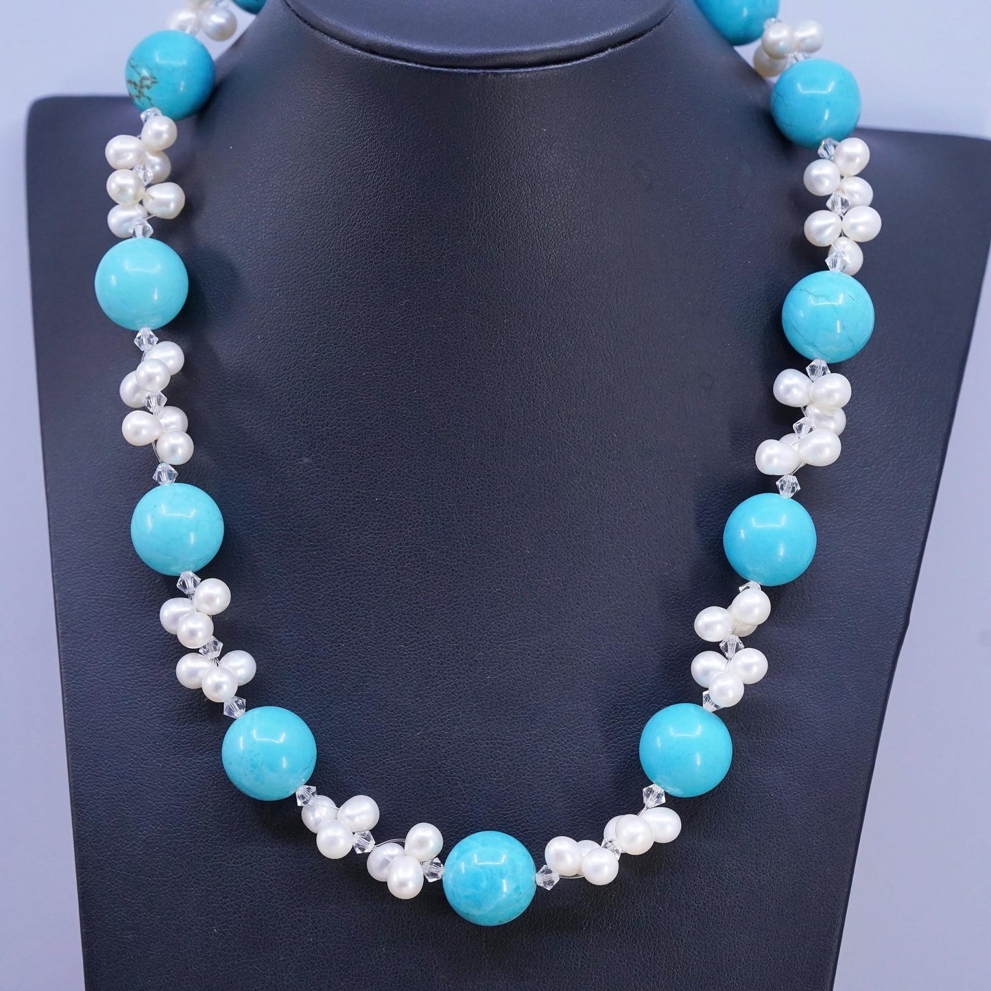 18+1.5", Sterling 925 silver necklace w/ freshwater pearl 15mm turquoise beads