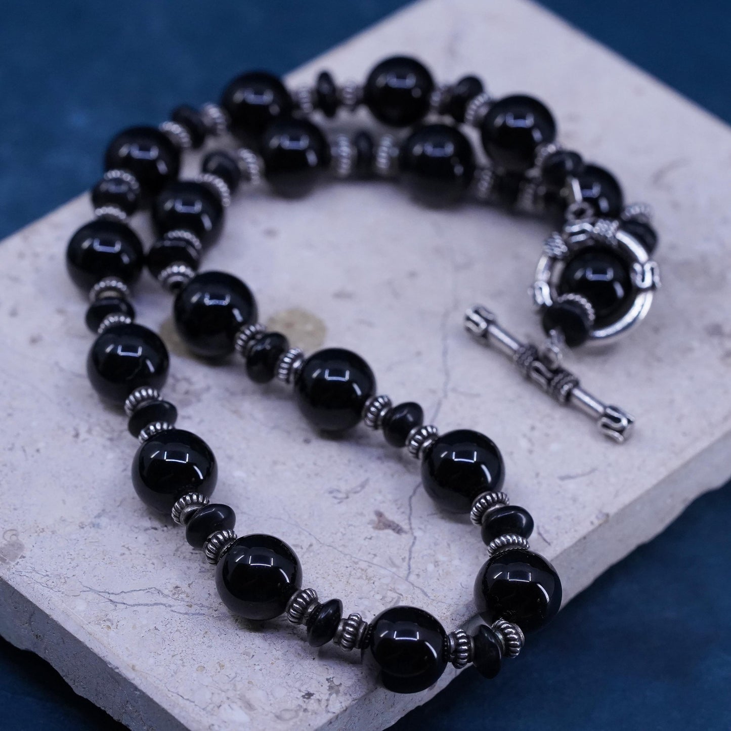 18”, Sterling silver handmade necklace, 925 toggle closure 12mm obsidian bead