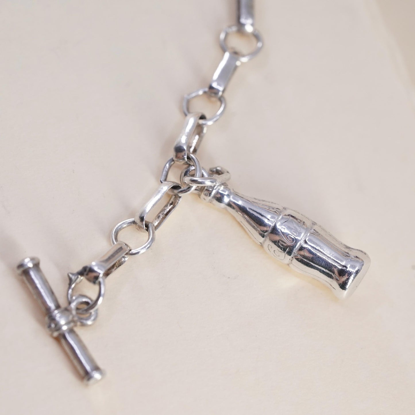 7.75” 3mm, vintage sterling silver bracelet, 925 elongated chain bottle charm