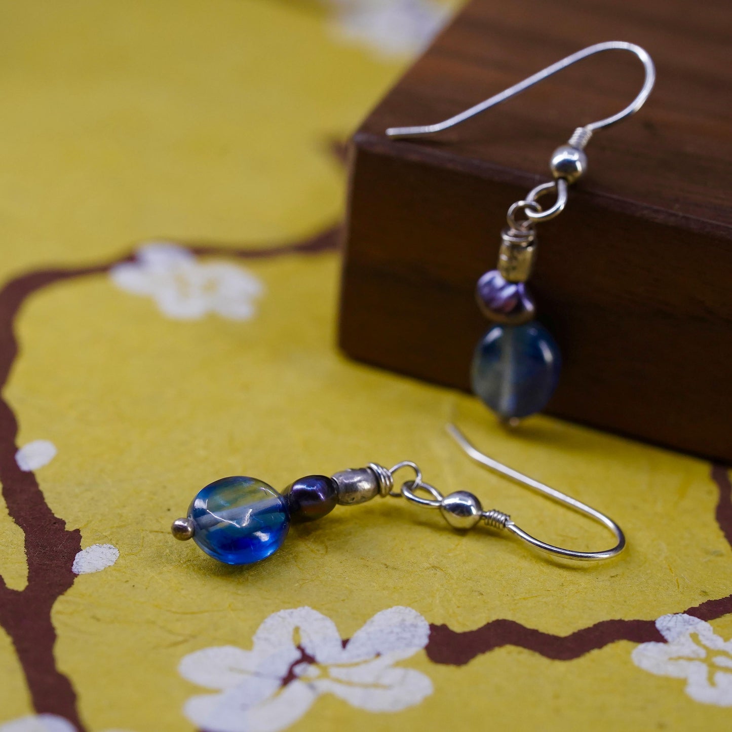 Vintage sterling 925 silver handmade earrings with blue glass bead