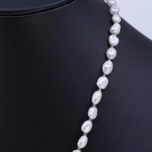 18", vintage sterling 925 silver necklace w/ 6mm freshwater baroque pearl beads