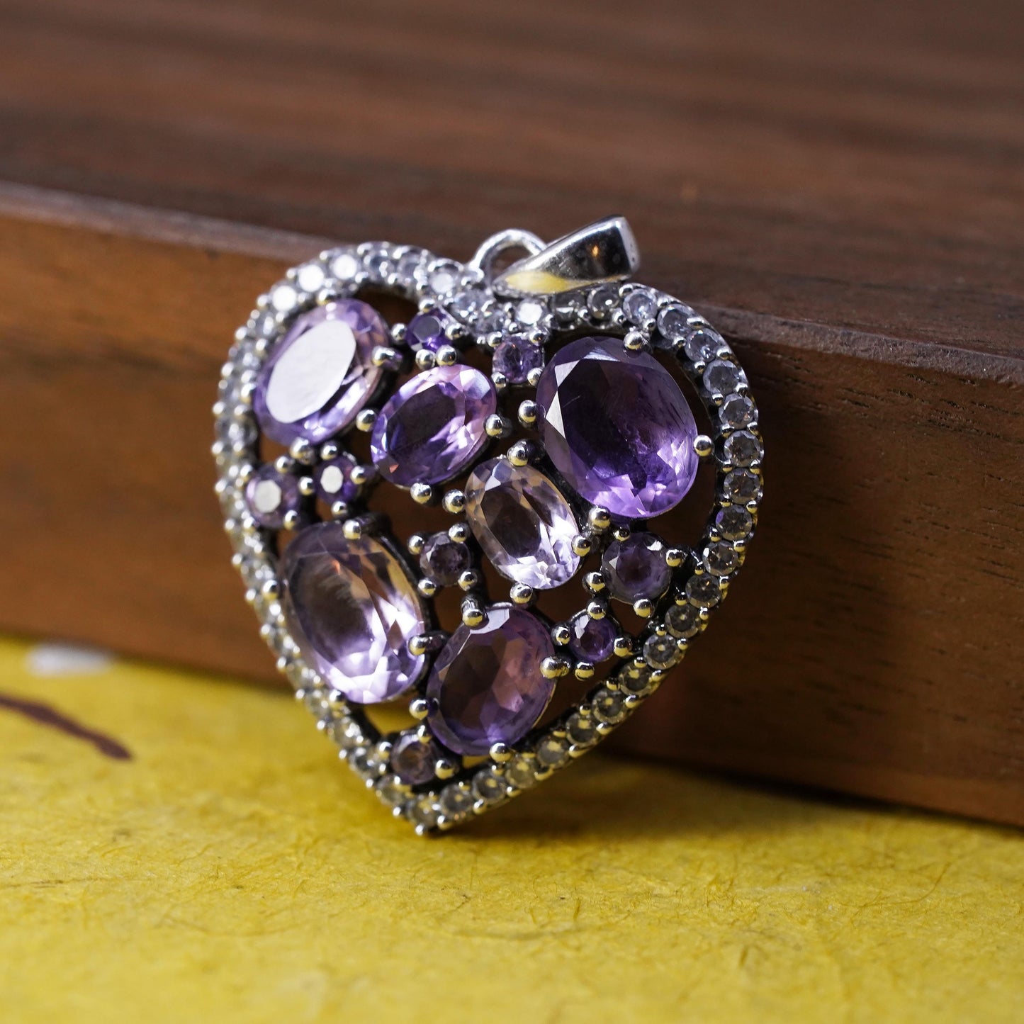 Vintage Sterling 925 silver handmade heart pendant with amethyst and cluster cz