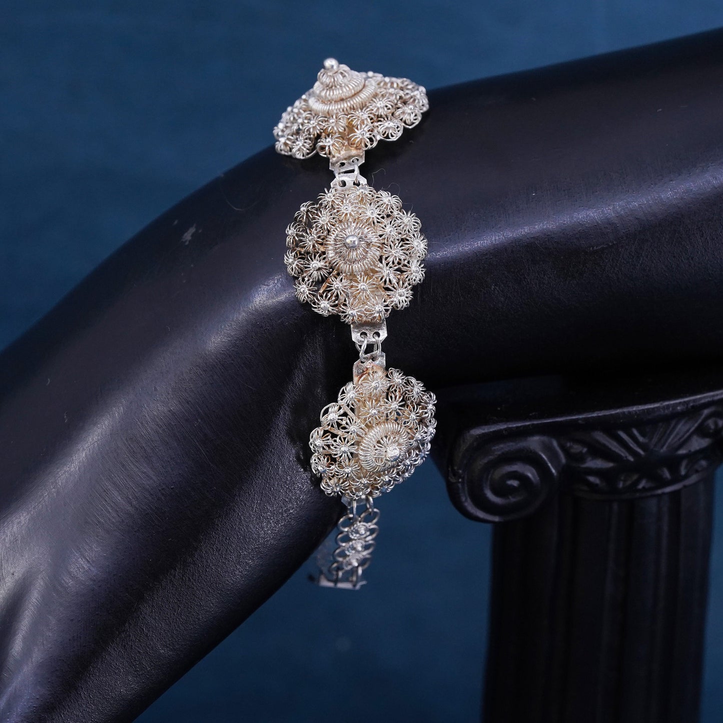 7", vintage sterling silver handmade bracelet, 800 filigree flower bracelet
