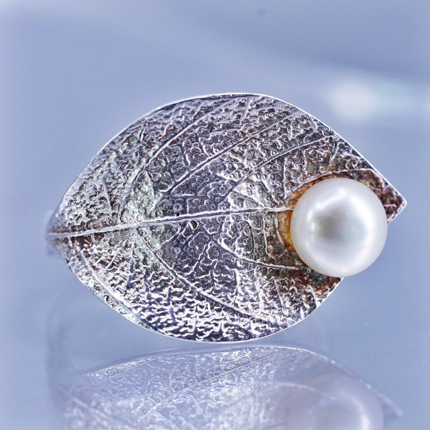 Size adjustable, vintage sterling silver ring, handmade leaf 925 band w/ pearl