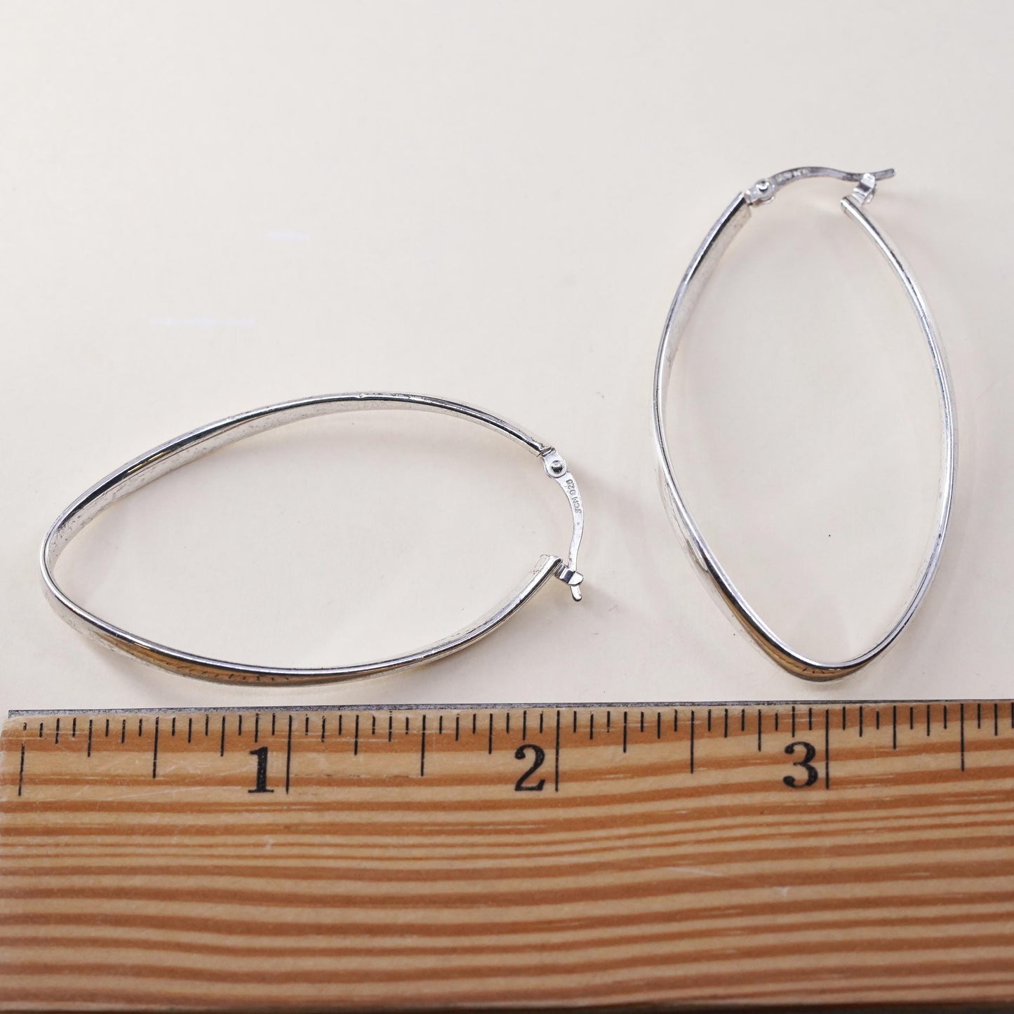 2.25”, Vintage sterling silver loop earrings, minimalist twisted oval hoops