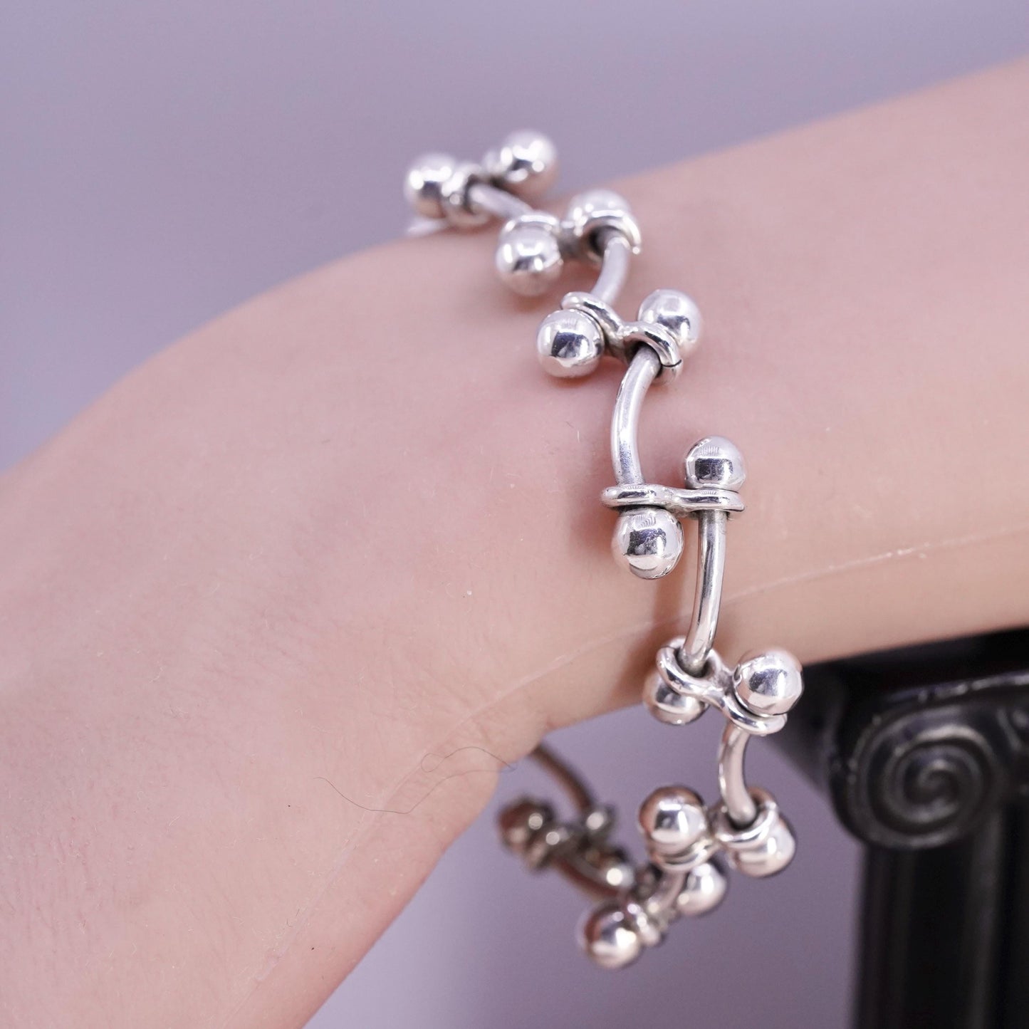 6.5”, vintage Sterling silver bracelet, 925 ball bar link chain toggle closure