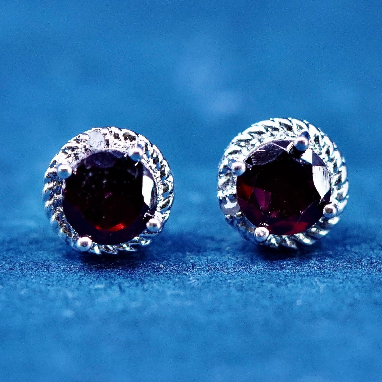 Vintage Sterling silver handmade earrings, 925 studs with ruby and diamond