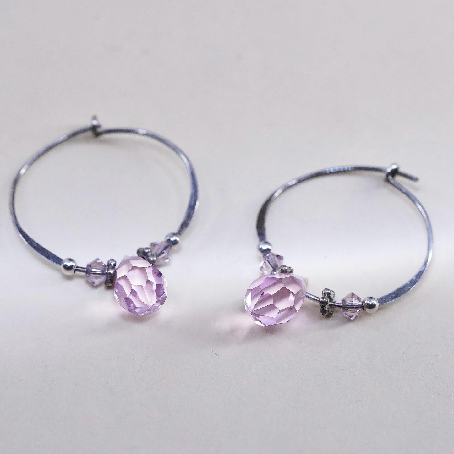 0.75", Vintage sterling 925 silver earrings, fashion hoops pink crystal beads