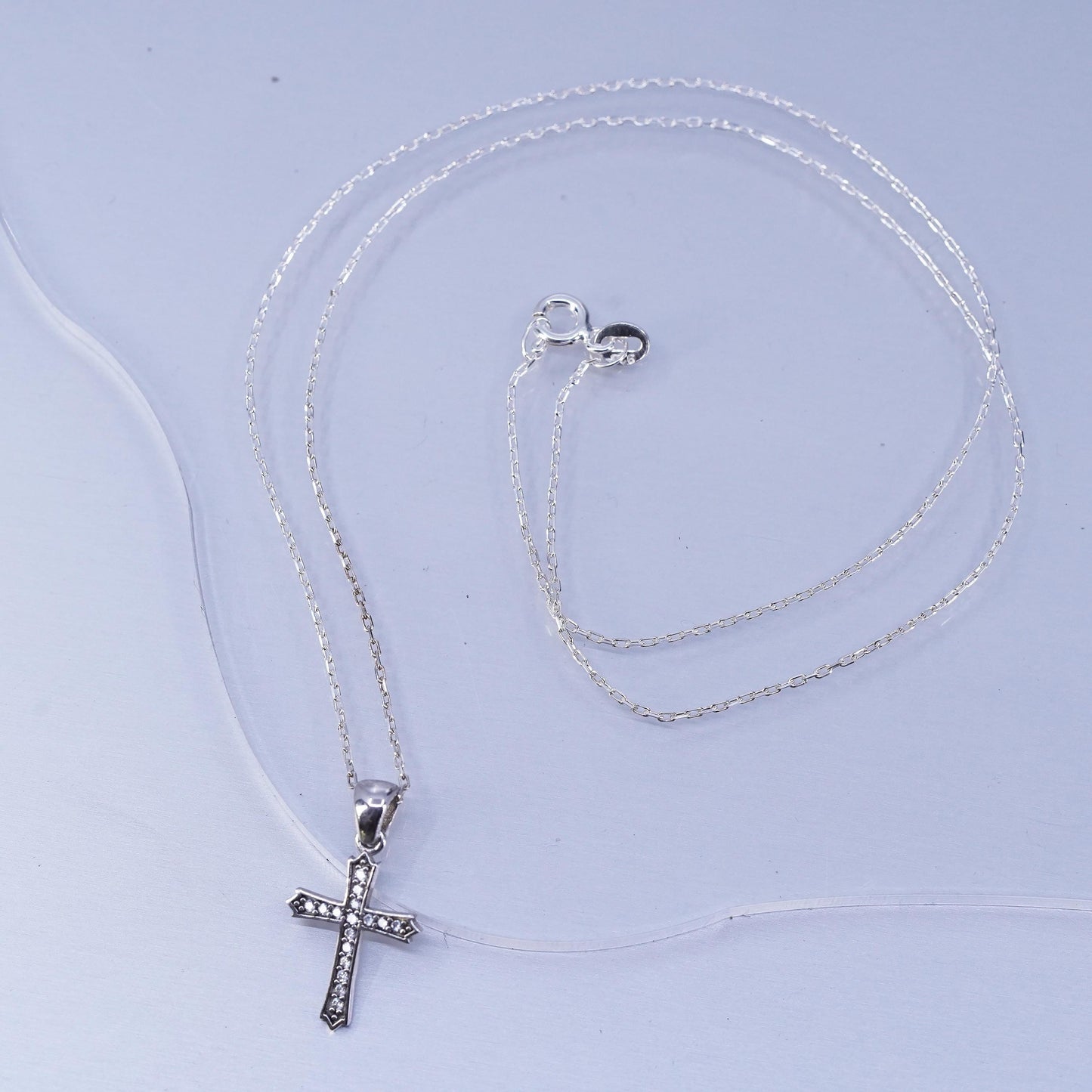 18”, vintage Sterling 925 silver circle necklace with cross pendant and cz