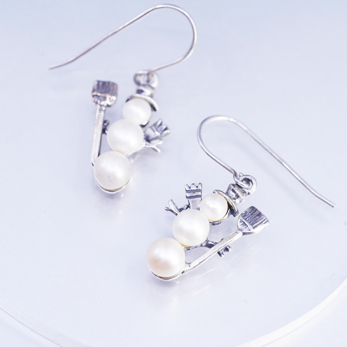 Vintage 925 Sterling Silver Snowman Earrings with Triple-Drop Pearl